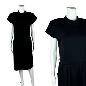 Vintage 80s Black Dress Dolman Sleeves Elastic Waist Pockets Acrylic Sheath